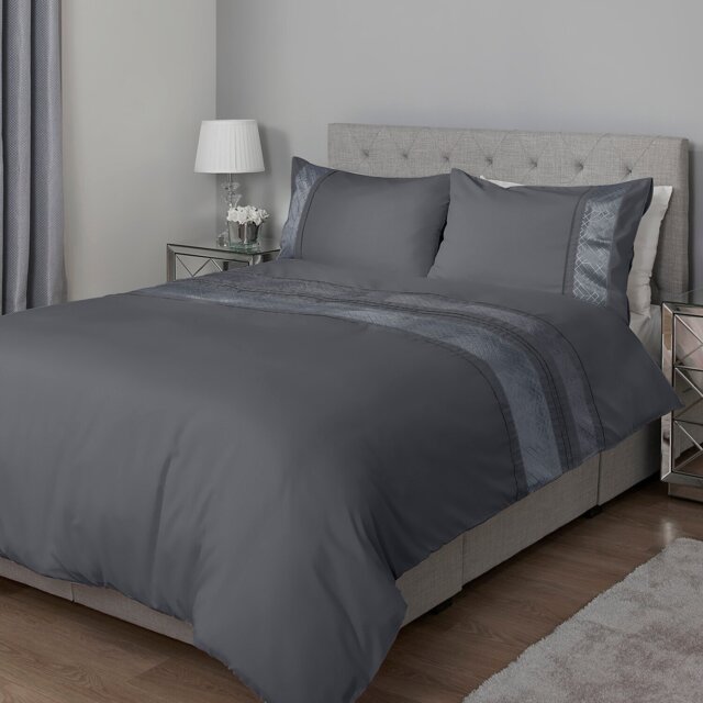 My Home Double Charcoal Geo Velvet Stripe Duvet Cover and Pillowcase Set - Grey - Wilko - image 1