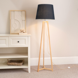 ValueLights Lottie Black Fabric Tapered Shade Natural Wood Tripod LED Floor Lamp - Size: 158 x 45 x 45cm - Cream - Wilko - thumbnail 3