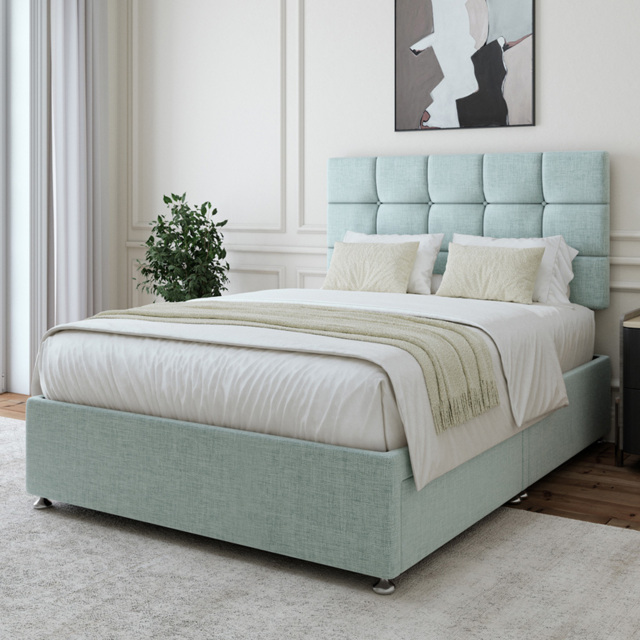 Bedmaster Small Double Duck Egg Linen 2 Drawer Divan Base with Pearl Headboard - Blue - Wilko - image 1