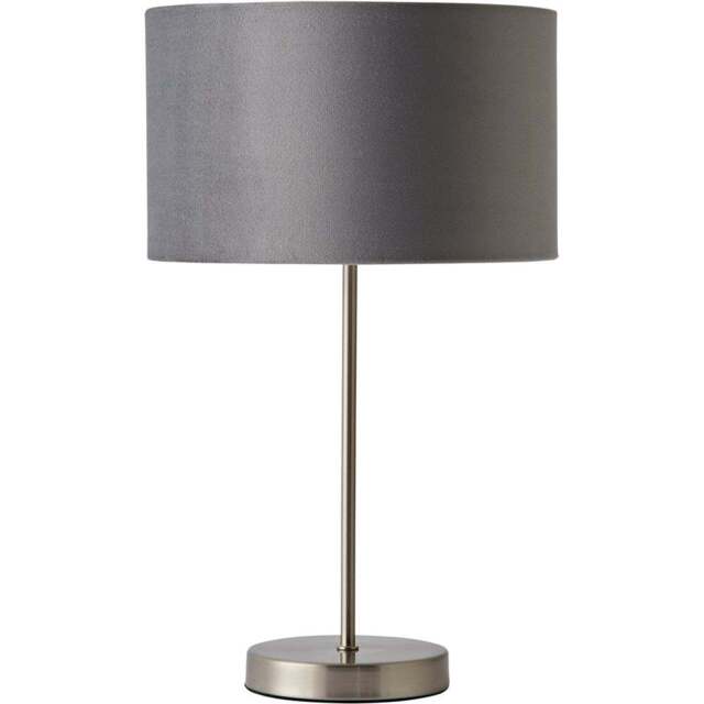 ValueLights Charlie Metallic and Grey Velvet Shade Brushed Chrome Table Lamp and Bulb - Size: 43 x 25 x 25cm - Silver - Wilko - image 1
