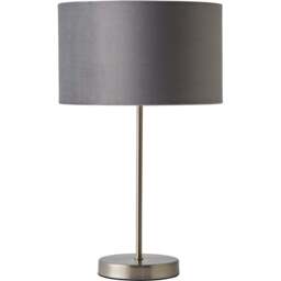 ValueLights Charlie Metallic and Grey Velvet Shade Brushed Chrome Table Lamp and Bulb - Size: 43 x 25 x 25cm - Silver - Wilko