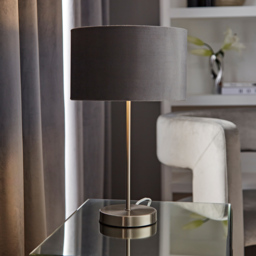 ValueLights Charlie Metallic and Grey Velvet Shade Brushed Chrome Table Lamp and Bulb - Size: 43 x 25 x 25cm - Silver - Wilko - thumbnail 3