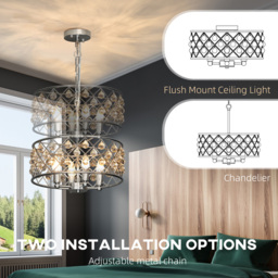 HOMCOM Modern Adjustable Crystal Chandelier Ceiling Light - Size: 26 x 44 x 44cm - Silver - Wilko - thumbnail 7