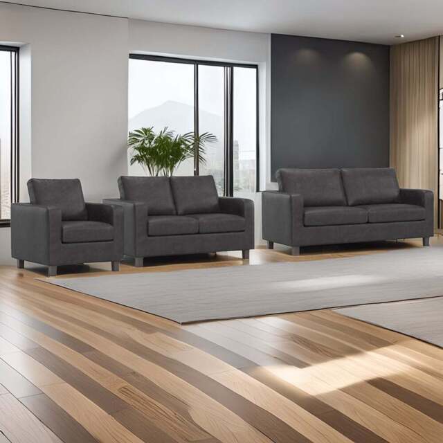 York 6 Seater Black Faux Leather Sofa Suite - Wilko - image 1