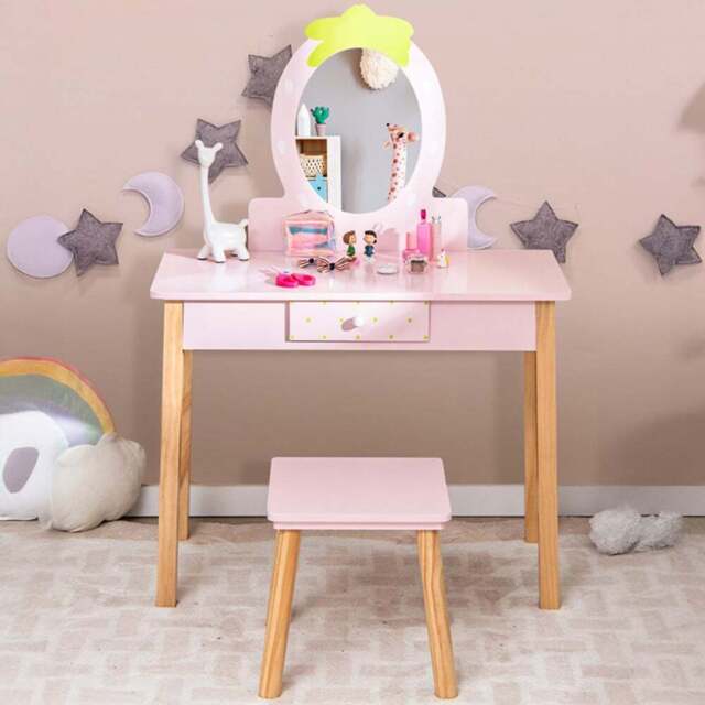 Costway Kids Single Drawer Pink Dressing Table and Stool Set with Mirror - Size: 70 x 34 x 100cm - Wilko - image 1