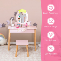 Costway Kids Single Drawer Pink Dressing Table and Stool Set with Mirror - Size: 70 x 34 x 100cm - Wilko - thumbnail 6