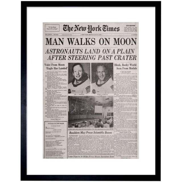 Wee Blue Coo Vintage Moon Aldrin Armstrong Space Newspaper Framed Art Print 30 x 41cm - Size: 43.3 x 33.3 x 1.5cm - Grey - Wilko - image 1