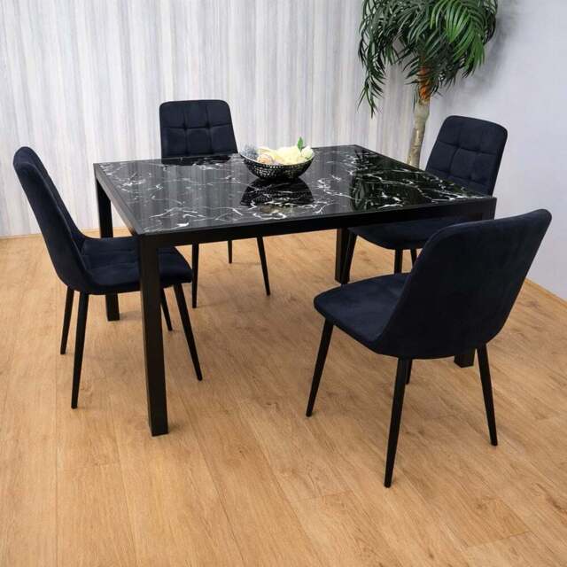 Portland Marble Effect Glass 4 Seater Velvet Dining Set Black - Wilko - image 1