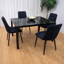 Portland Marble Effect Glass 4 Seater Velvet Dining Set Black - Wilko