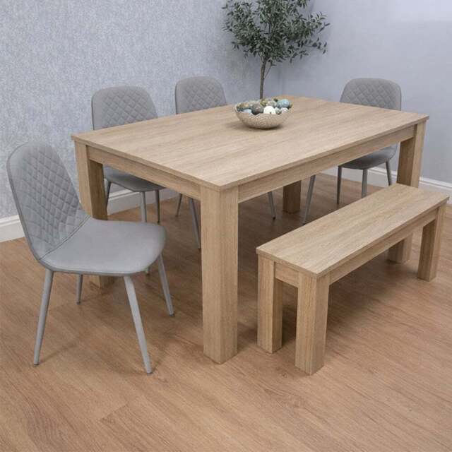 Kosy Koala 6 Seater Faux Leather Dining Bench Set Oak Effect and Grey - Multi - Portland - Wilko - image 1