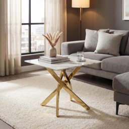 wilko Monaco Gold and White Marble Glass End Table - Size: 95 x 60 x 60cm - Shankar - thumbnail 6