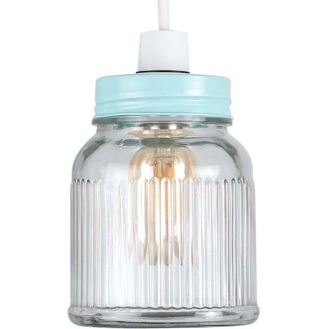 ValueLights Duck Egg Blue Ribbed Pattern Glass Jar Pendant Shade - Size: 12 x 15.5 x 12cm - Wilko - image 1