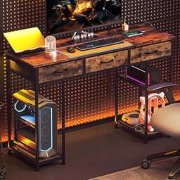 HOMCOM 3 Drawer 4 Shelf Computer Desk with Power Outlets Brown - Size: 76 x 40 x 120cm - Wilko