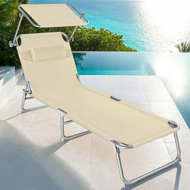 tectake Chloe Set of 2 Beige 4 Step Backrest Foldable Sun Lounger with Head Cushion - Size: 1 Seater - Cream - Wilko - image 1