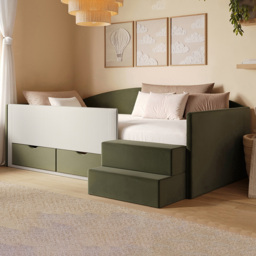 Flair Elisa Olive Green and Beige Velvet and Cord Low Sleeper Bed with Storage - Size: 68.5 x 135 x 201cm - Wilko