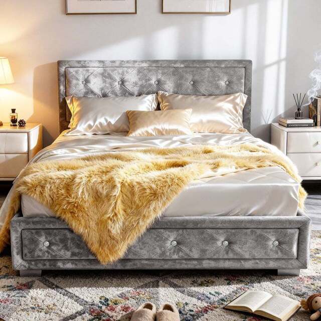 Brooklyn Double Silver Fabric Diamante Ottoman Bed Frame - Wilko - image 1