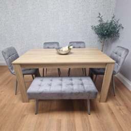 Kosy Koala 6 Seater Dining Set with Bench Oak Effect and Grey Velvet - Multi - Wilko