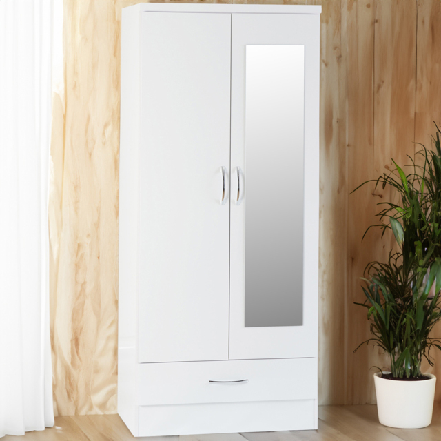 Seconique Nevada 2 Door Single Drawer White Gloss Mirror Wardrobe - Size: 2 Door, Single Drawer - Wilko - image 1