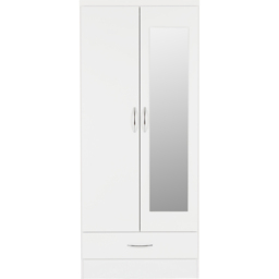 Seconique Nevada 2 Door Single Drawer White Gloss Mirror Wardrobe - Size: 2 Door, Single Drawer - Wilko - thumbnail 4