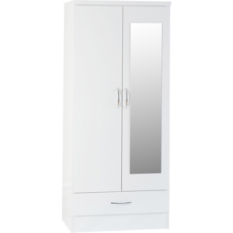 Seconique Nevada 2 Door Single Drawer White Gloss Mirror Wardrobe - Size: 2 Door, Single Drawer - Wilko - thumbnail 3