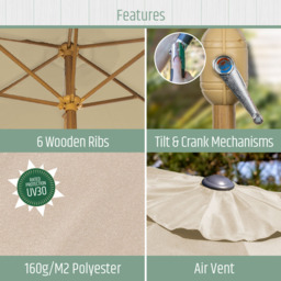 Gardenkraft Beige Crank and Tilt Wooden Parasol 2.7m - Cream - Wilko - thumbnail 4