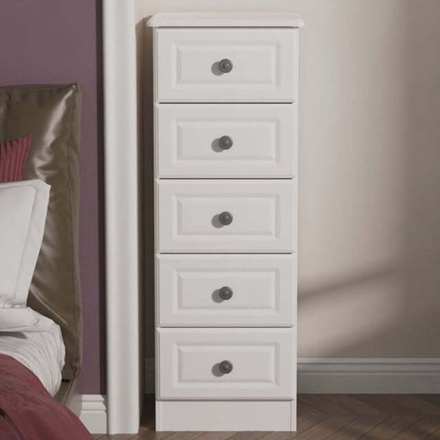 Crowndale Pembroke 5 Drawer Matt White Tall Bedside Cabinet Ready Assembled - White Matt - Wilko - image 1