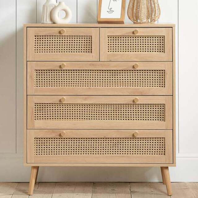 Croxley 5 Drawer Oak Rattan Chest of Drawers - Brown - Birlea - Wilko - image 1