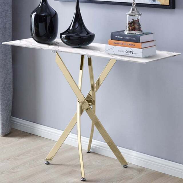 Furniturebox Tavalo White Marble Effect Console Table with Gold Legs - Size: 40 x 120 x 78cm - Wilko - image 1