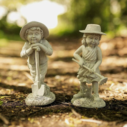 Marco Paul Resin Gardening Boy Girl Set - Size: 27 x 20 x 10cm - Grey - Wilko - thumbnail 3
