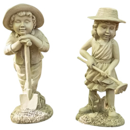 Marco Paul Resin Gardening Boy Girl Set - Size: 27 x 20 x 10cm - Grey - Wilko