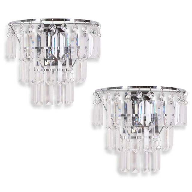 ValueLights Kelsks Clear Acrylic Jewel Droplet Chrome Wall Light with LED Bulb 2 Pack - Size: 22.5 x 25 x 12.5cm - Silver - Wilko - image 1