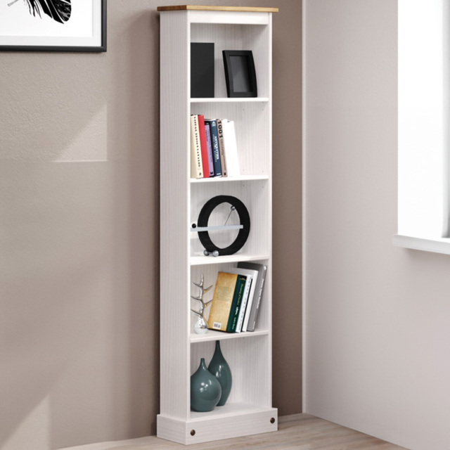 Corona 5 Shelf White Washed Wax Finish Tall Narrow Bookcase - Wilko - image 1