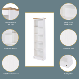 Corona 5 Shelf White Washed Wax Finish Tall Narrow Bookcase - Wilko - thumbnail 6