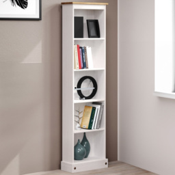 Corona 5 Shelf White Washed Wax Finish Tall Narrow Bookcase - Wilko