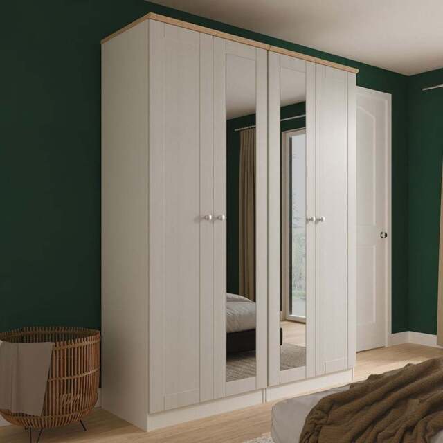 Crowndale Sussex 4 Door Grey Ash and Bardolino Oak Tall Mirror Wardrobe Ready Assembled - Grey Ash & Bardolino Oak - Wilko - image 1