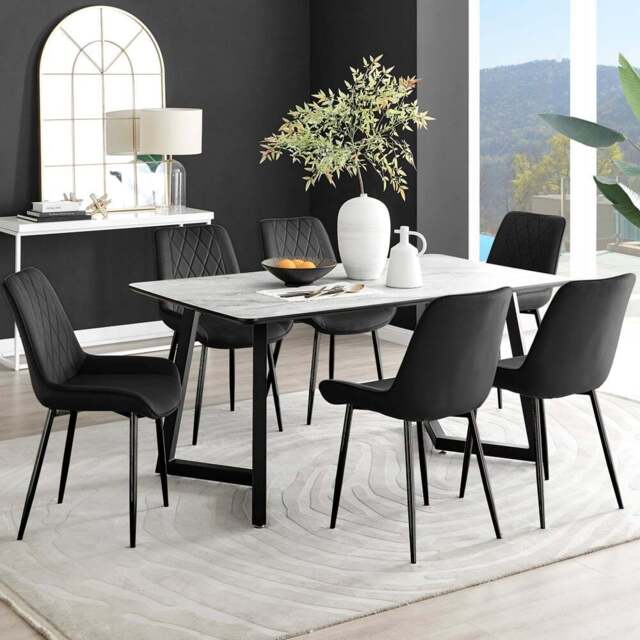 Furniturebox Copeland Cesano Marble Effect 6 Seater Dining Set White and Black - Wilko - image 1