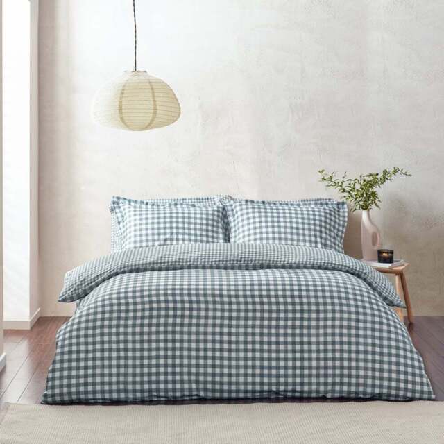 Yard Barton Super King Size Navy Check Printed 144 Thread Count Duvet Cover and Pillowcase Set - Blue - Wilko - image 1