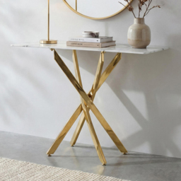 wilko Monaco Gold and White Marble Glass Console Table - Size: 105 x 100 x 40cm - Shankar