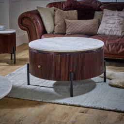 Brooklyn Opal Single Drawer Marble Top Mango Wood Round Fluted Coffee Table - Brown - Wilko - thumbnail 6