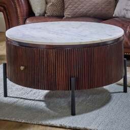Brooklyn Opal Single Drawer Marble Top Mango Wood Round Fluted Coffee Table - Brown - Wilko