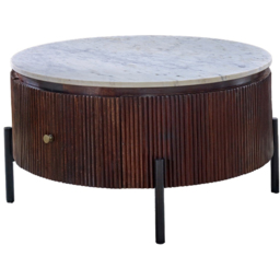 Brooklyn Opal Single Drawer Marble Top Mango Wood Round Fluted Coffee Table - Brown - Wilko - thumbnail 3