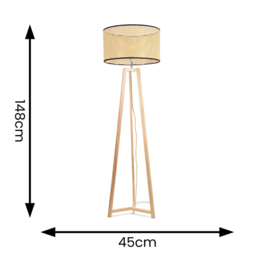 ValueLights Lottie Natural Cane Drum Shade Natural Wood Tripod LED Floor Lamp - Size: 148 x 45 x 45cm - Cream - Wilko - thumbnail 5