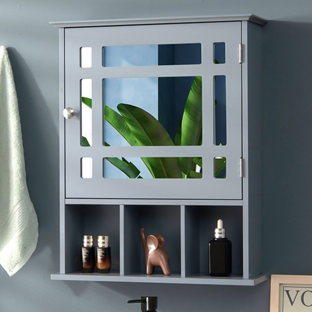 Costway Grey Mirror Door Cabinet 3 Shelf - Size: 65 x 48 x 14cm - Wilko - image 1