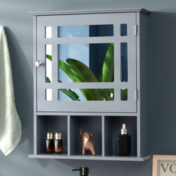 Costway Grey Mirror Door Cabinet 3 Shelf - Size: 65 x 48 x 14cm - Wilko - thumbnail 1