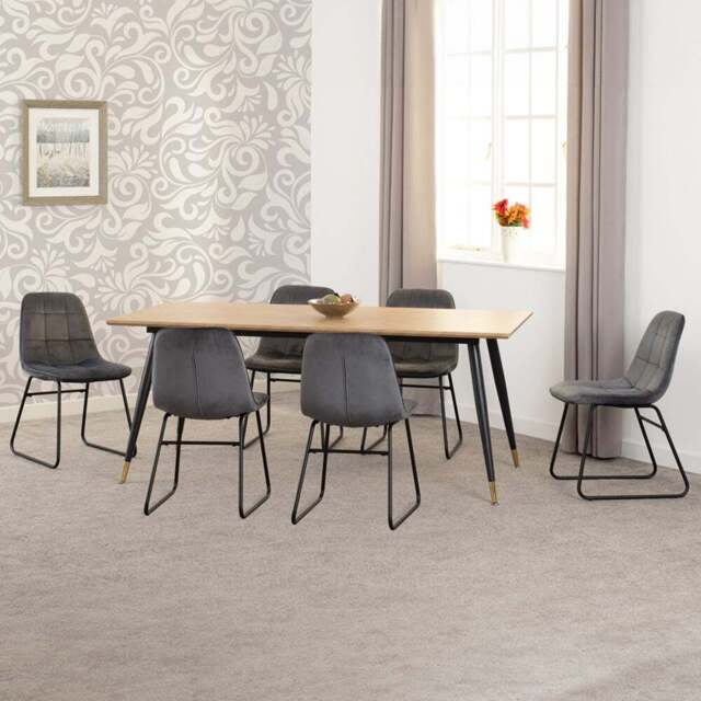 Seconique Hamilton Lukas Oak Effect Velvet 6 Seater Dining Table Set Grey - Multi - Wilko - image 1