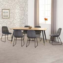 Seconique Hamilton Lukas Oak Effect Velvet 6 Seater Dining Table Set Grey - Multi - Wilko - thumbnail 1