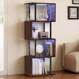 Living and Home 5 Shelf Black and Dark Wood S-Shaped Geometric Bookcase with LED Light - Brown - Wilko - thumbnail 1