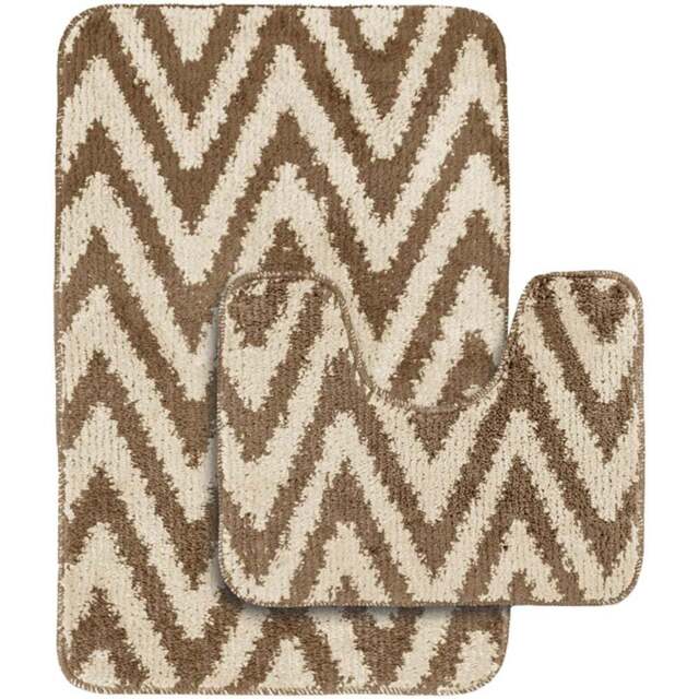 Velosso Chevron Stripe Beige Bath Mat Set - Brown - Wilko - image 1