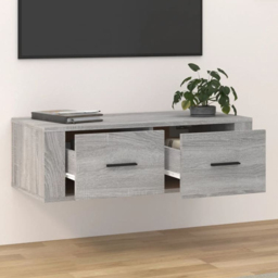 vidaXL 2 Drawer Grey Sonoma Wall Mounted Hanging TV Cabinet - Size: 25 x 80 x 36cm - Wilko