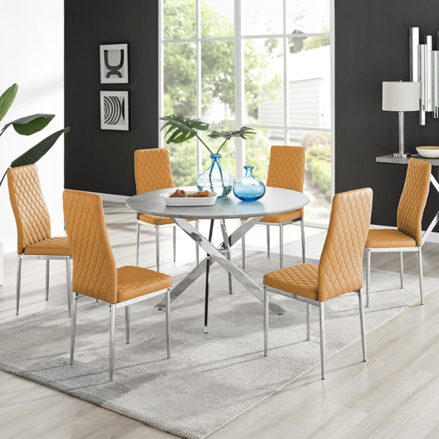 Furniturebox Arona Valera Concrete Effect 6 Seater Round Dining Set Grey Mustard and Chrome - Yellow - Wilko - image 1